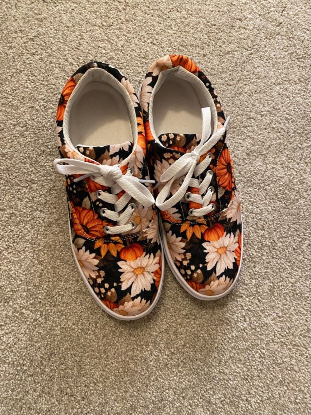 Floral Fall Canvas Lace-Up Sneakers for Women - Orange & Black